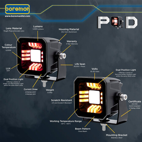 Boreman POD 2,8" LED-Flutlicht Mit Rotem + Orangem Positionslicht